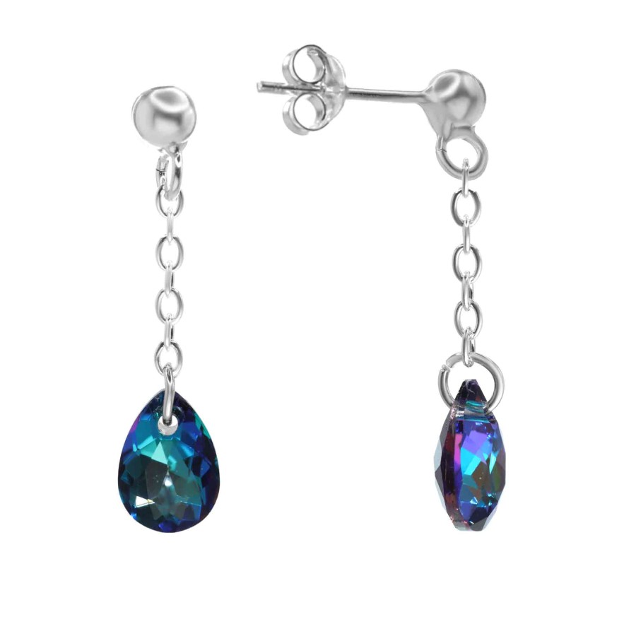 Aros de Plata 925 Diseño Cadena con Gota de Cristal Azul