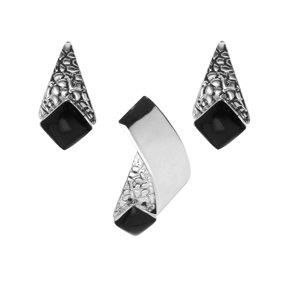 Conjunto de Plata 925 Triangular con Relieves y Piedra Ónix