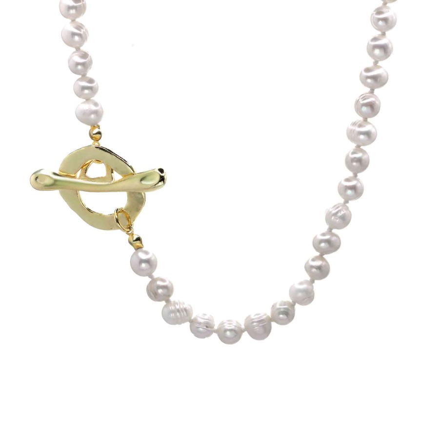 Collar Enchapado en Oro Perlas de Río con Broche Tiffany 48 cm