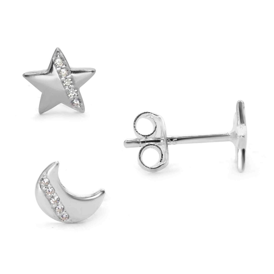Aros de Plata 925 Luna y Estrella con Mini Circones