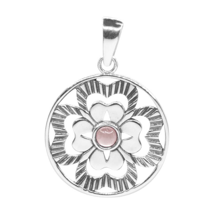 Colgante de Plata 925 de Flor con Piedra de Cuarzo Rosa